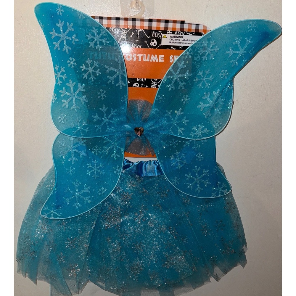 Tutu Butterfly Wings Costume Dress Up Snowflakes Glitter Blue Girls Sz 4 + Fairy